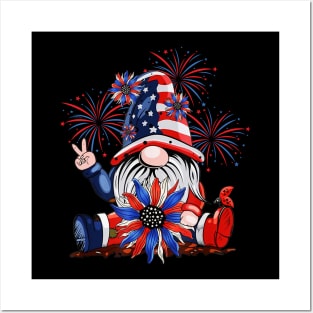 4th Of July American Flag Patriotic Gnome with sunflower Posters and Art